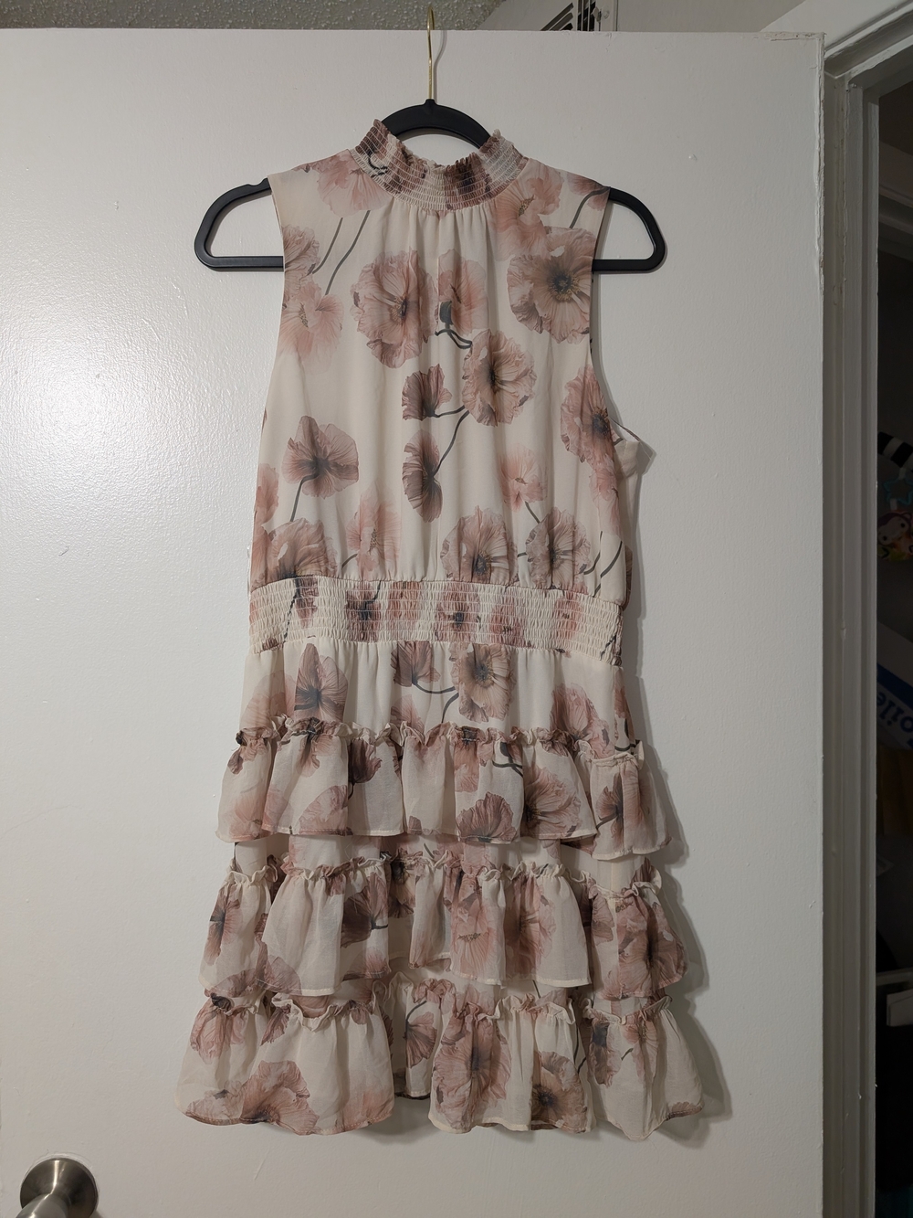 Express Cream Floral Smocked Tiered Mini Dress